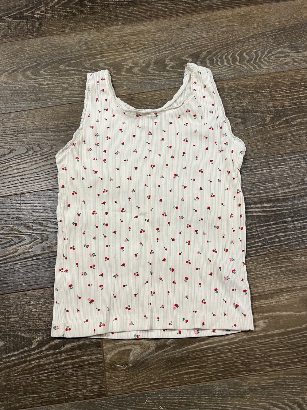 ZARA White Ribbed Tank with Red Cherry Print